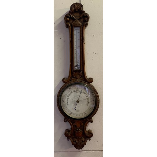 316 - Good Quality Antique Carved Wood Barometer By J Hicks London. 87 cms (Crack To Glass)