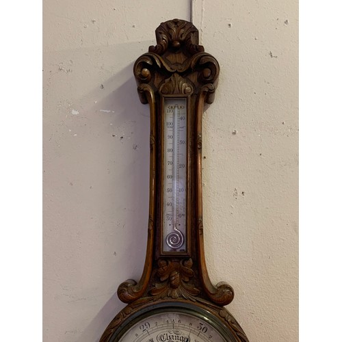 316 - Good Quality Antique Carved Wood Barometer By J Hicks London. 87 cms (Crack To Glass)