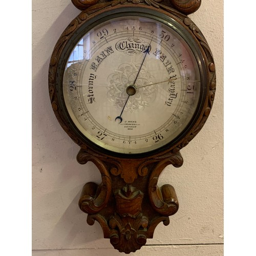 316 - Good Quality Antique Carved Wood Barometer By J Hicks London. 87 cms (Crack To Glass)