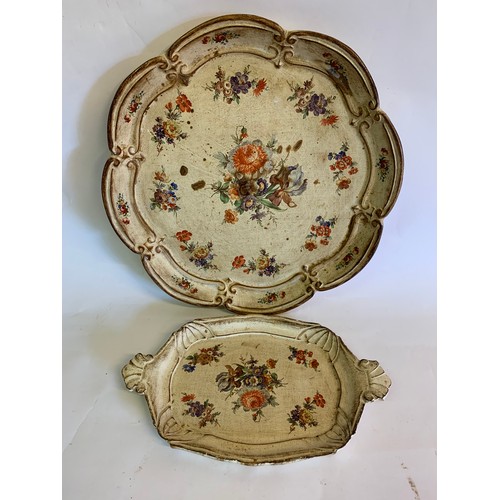 343 - Two Vintage Florentine Floral Decorated  Trays Largest 36 cms Diameter. (2)