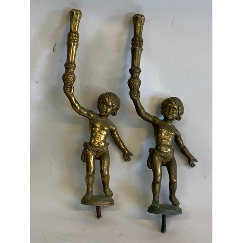 367 - Two Solid Brass Antique Cherub Candlestick Figures. 37 cms (2)