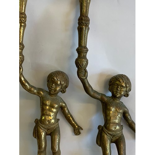 367 - Two Solid Brass Antique Cherub Candlestick Figures. 37 cms (2)