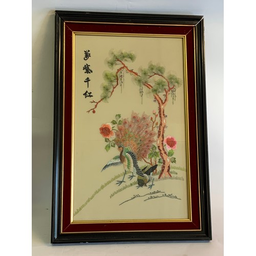 369 - Good Quality Framed Chinese  Silkwork With Bird Decoration. 70 x 47 cms