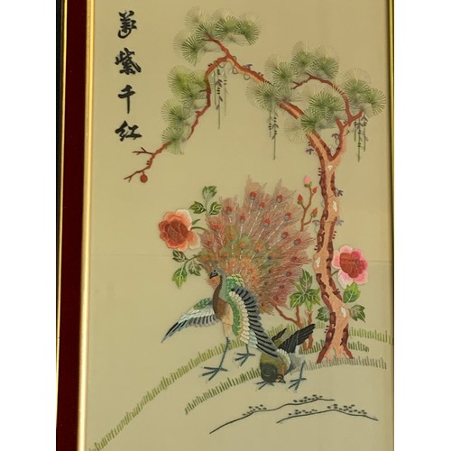 369 - Good Quality Framed Chinese  Silkwork With Bird Decoration. 70 x 47 cms