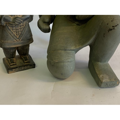 372 - Large Terracotta Army Kneeling Figure 43 cms High Along With A Similar Standing Both Signed. (2)