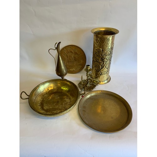 373 - Box Of Various Brassware To Include A Chinese Decorated Plate , Brass Stick Stand , Ewer Etc. (Box)