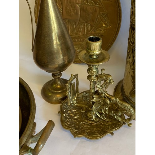 373 - Box Of Various Brassware To Include A Chinese Decorated Plate , Brass Stick Stand , Ewer Etc. (Box)