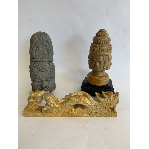 117 - Stone Buddha On Stand , Together With Another And An Alabaster Dragon