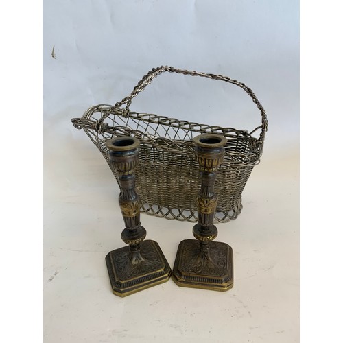 247 - Silver Plate Wine Holder Together With An Antique Pair Of Miniature Bronze Candlesticks