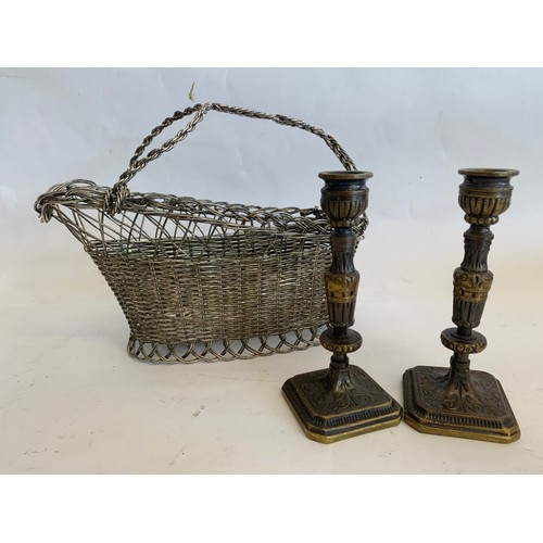 247 - Silver Plate Wine Holder Together With An Antique Pair Of Miniature Bronze Candlesticks