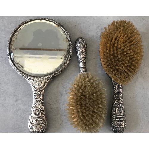 253 - Antique Hallmarked Vanity Mirror Together With 2 Similiar Silver Brushes