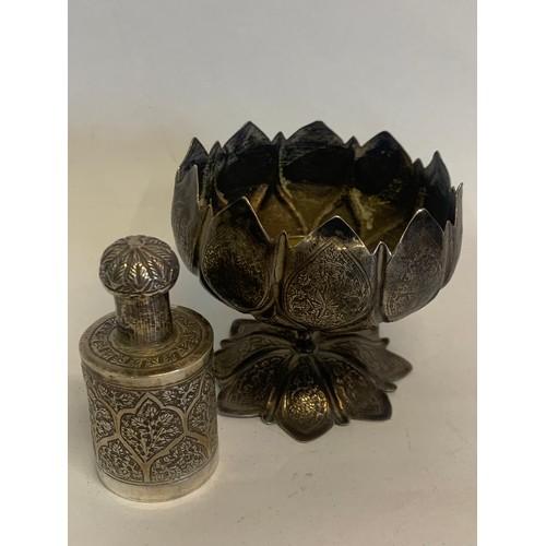 448 - Decorative Indian Silver Scent Bottle Mounted On A Floral Holder. 10 cms High