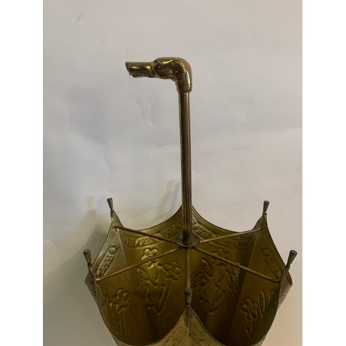 450 - Vintage Brass Stick Stand In The Form Of A Umbrella With A Dog Finial. 72 cms High