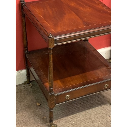 18 - Antique Two Tier Side Table With Drawer And Brass Casters. 45 x 45 x 62 cms