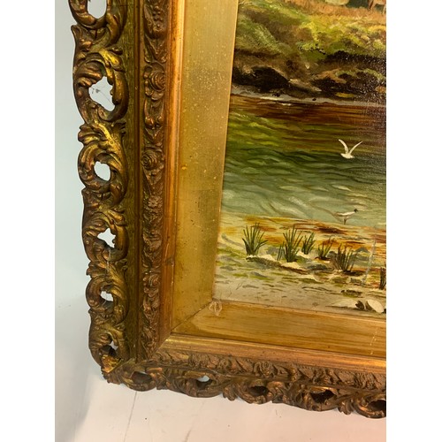 602 - Oil On Canvas Loch Scene In Gilt Wood Frame A/F. 95 X 69cms