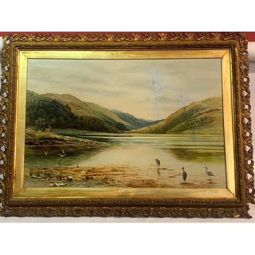 602 - Oil On Canvas Loch Scene In Gilt Wood Frame A/F. 95 X 69cms