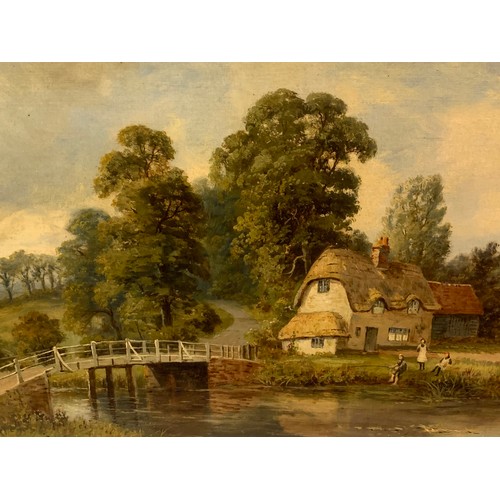 603 - Oil On Canvas Riverside Scene Set In Deep Gilt Frame Signed Bottom Right Possible Charles Leader. 12... 