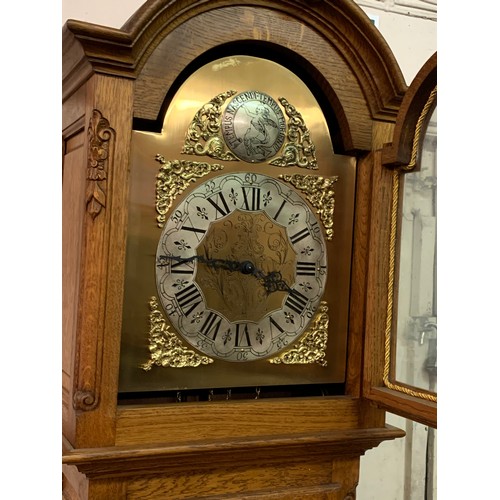 43 - Vintage European Tempus  Long Case Clock With Brass Face Weights And Pendulum. 220 cms High