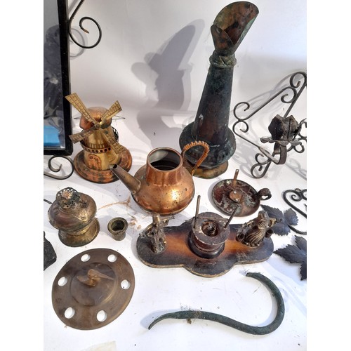 19 - Quantity Brass and Copper items along with Iron Scroll work to include mirror and sconce