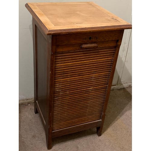 56 - Vintage Tambour Front Wood Filing Cabinet.(Needs Lock Replacement) 50 x 50 x 91 cms