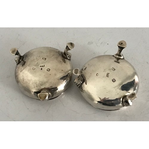 176 - Pair Of George 111 Hallmarked Silver Salt Cellars Standing On 3 Hoof Feet, 
 London 1811
6 cms diame... 