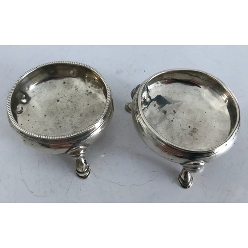 177 - Pair Of Matched George 11 Hallmarked ,Hoof Footed Silver Salt Cellars .
London 1756
7 cms diameter