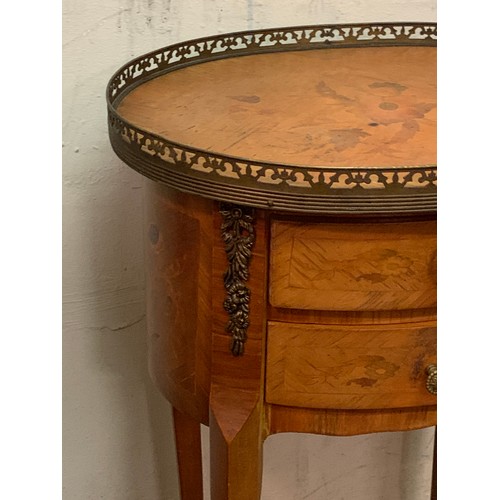 67 - French Two Drawer Oval Table With Inlay And Brass Gallery . 42 x 31 x 66 cms