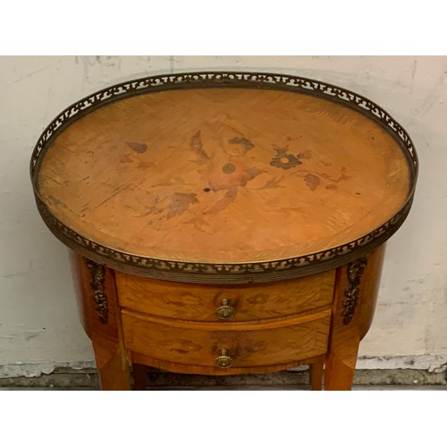 67 - French Two Drawer Oval Table With Inlay And Brass Gallery . 42 x 31 x 66 cms