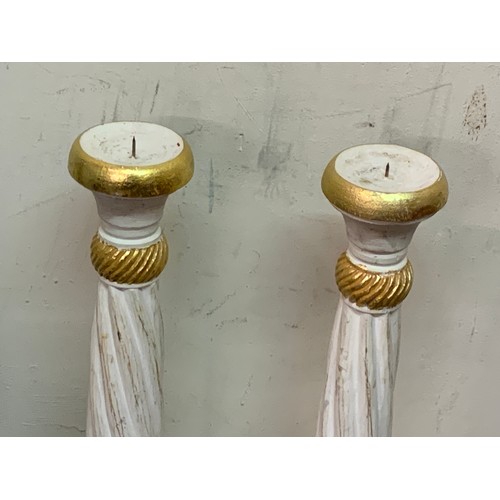 68 - Pair Of Classical Style Painted Wood Floor Standing Candlesticks. 79 cms High (2)