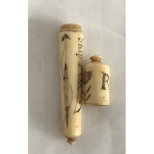 146 - 19thC Scrimshawed Ivory Needlecase Bearing The Words Ship Fox R.S.N And Having A Harpoon Engraved
7.... 