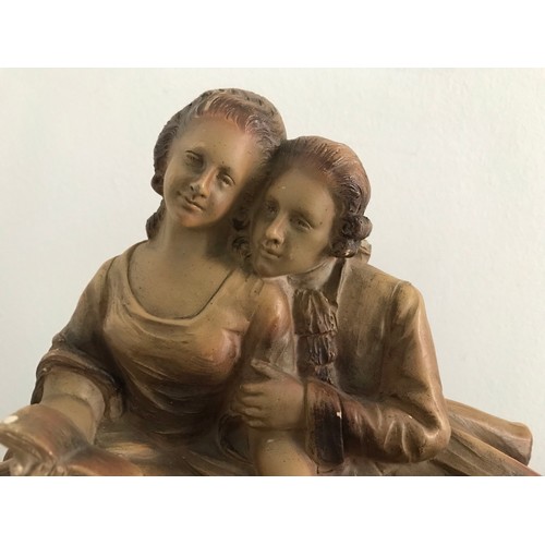 109 - Terracotta Statue Of 2 Lovers On A Marble Base By J. DOMMISSE 1878-1955
27 x 17 x 21 cms h