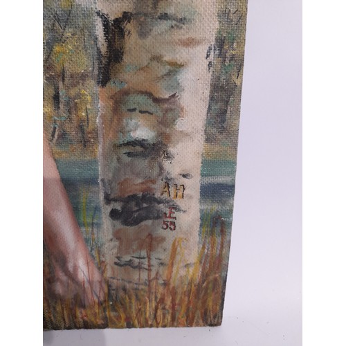 86 - Painting on Hardboard of semi nude woman in woods, unframed signed bottom right