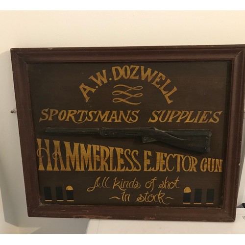 158 - Vintage Shop Advertising Plaque For 
A.W.DOZWELL, Sportsman Supplies , Hammerless Ejector Gun, All K... 