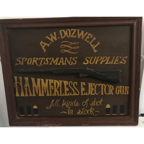 158 - Vintage Shop Advertising Plaque For 
A.W.DOZWELL, Sportsman Supplies , Hammerless Ejector Gun, All K... 