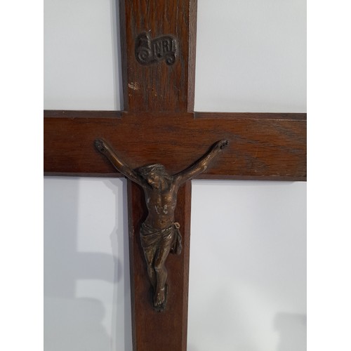 111 - 2 x crucifix, 1 x white metal altar cross 34cm high and 1 x wood and brass 40cm high