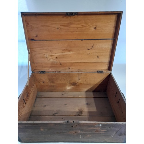 117 - Pine box with lid 63cm x 42cm x 27cm, 2 handles a lock no key