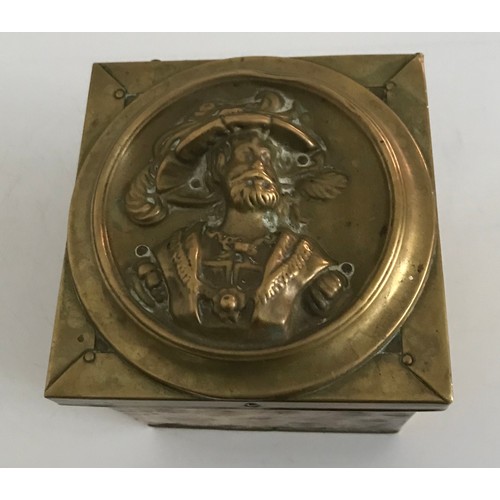 143 - Antique Brass Box Having Embossed Decoration In Relief
11.5 x 11.5 x 14 cms h