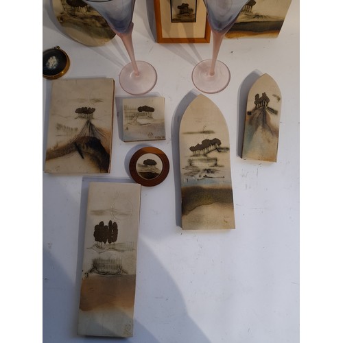 138 - 9 x Paul Gooderham ceramic plaques, x 2 glasses and a Peter Bates Ltd cameo