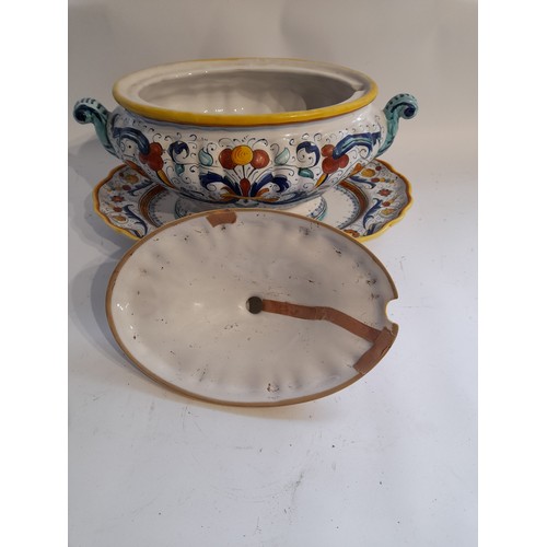 124 - Vieux Deruta Hand Painted Terrine with Dish. 42cm wide