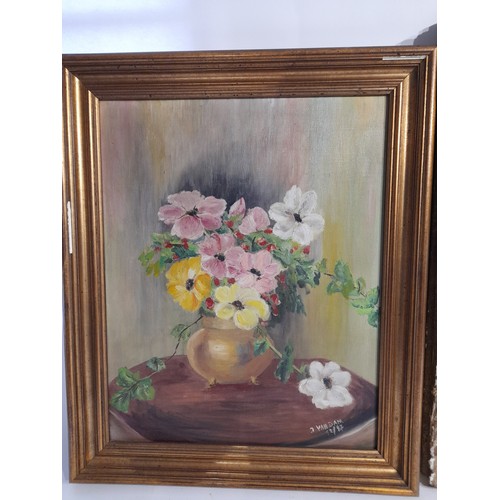 146 - 2 x Still life oil paintings of flowers one on board, one on canvas. largest 63cm x 52cm