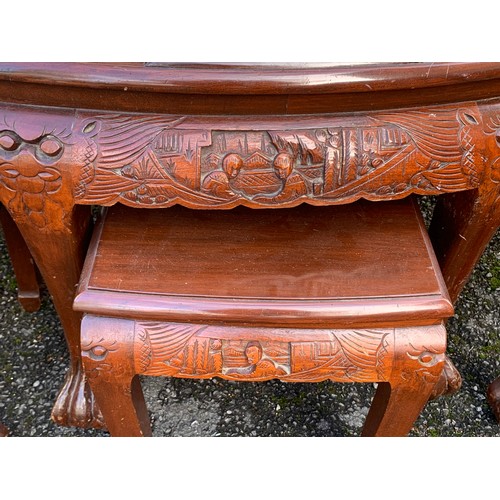 72 - Chinese profusely  Carved Wood  Table With Six Pull out Stools