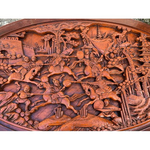 72 - Chinese profusely  Carved Wood  Table With Six Pull out Stools