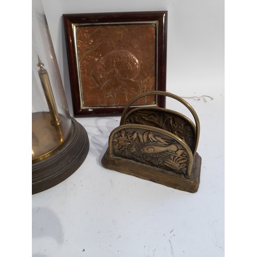 225 - Glass Clock Dome 29cm high x 14cm dia, 3 x copper plaques and Brass Letter Rack