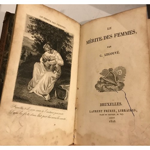 129 - 2 x Leather Bound Books - Le Merite Des Femmes Par G. Legouve 1828 and Sermons Du Pere Charles Frey ... 