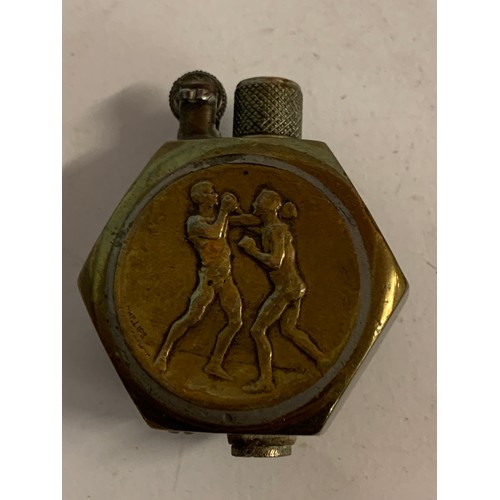 552 - Good Example Of A Brass Trench Art Lighter With The Kings Dragon Guards Badge And A Boxing Motif To ... 