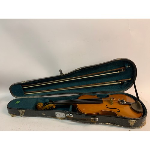 560 - Vintage Cased Violin Along With Two Bows