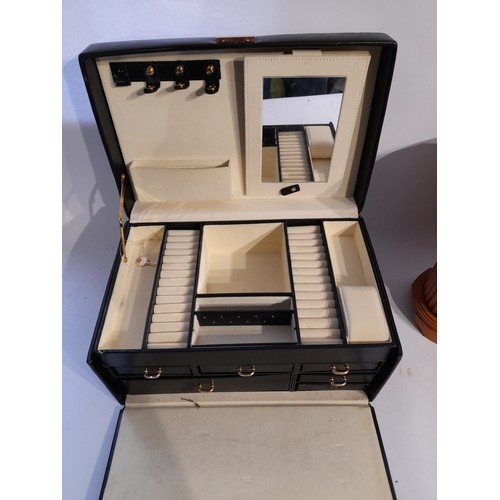 229 - Black vinyl covered jewellery case with drawers, small wooden jewellery box in the style of a cabine... 