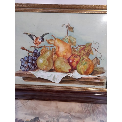 252 - Watercolour still life of Bird on Fruit signed bottom right 44cm x 5cm and Print after Frank Dadd 