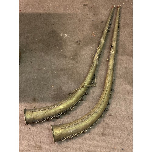 634 - Large Pair Of Vintage Tribal Art Horns In  Bronze  120 cms