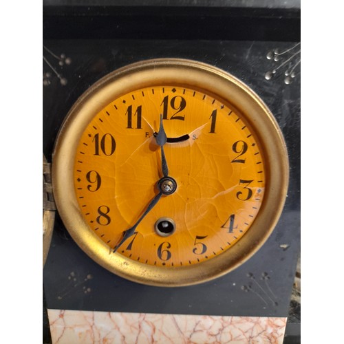 284 - Large Marble Mantle Clock with Garnitures with key